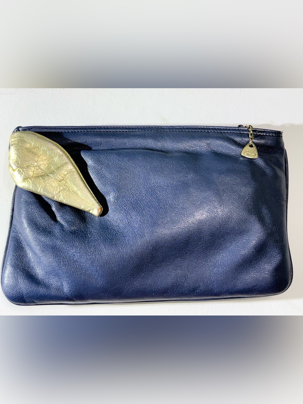 Vintage Brio! Navy Blue Leather Clutch with Gold Accent